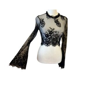 Unbranded Crop Top Size XS Black Sheer Floral Lace Bell Sleeve High Neck Goth